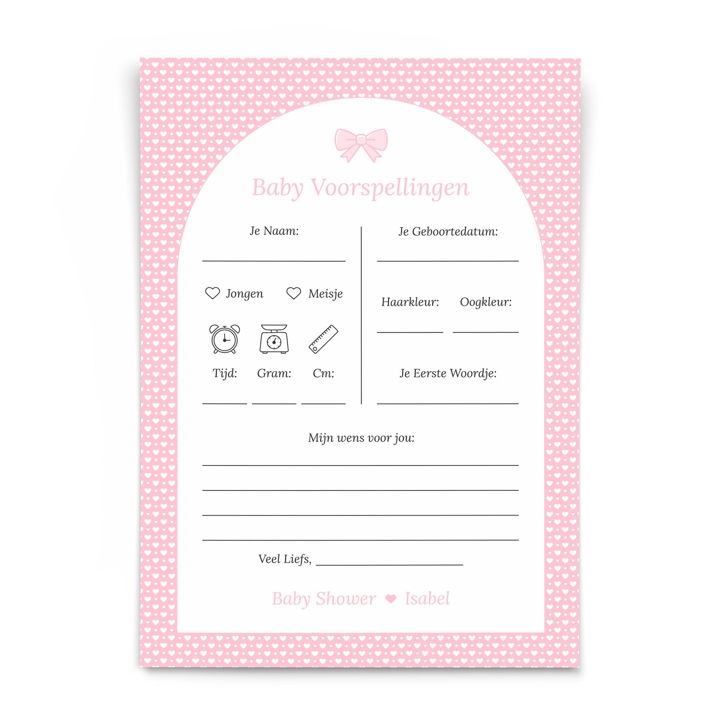 Gepersonaliseerde Babyshower invulkaarten - Baby Voorspellingen - Roze Hartjes