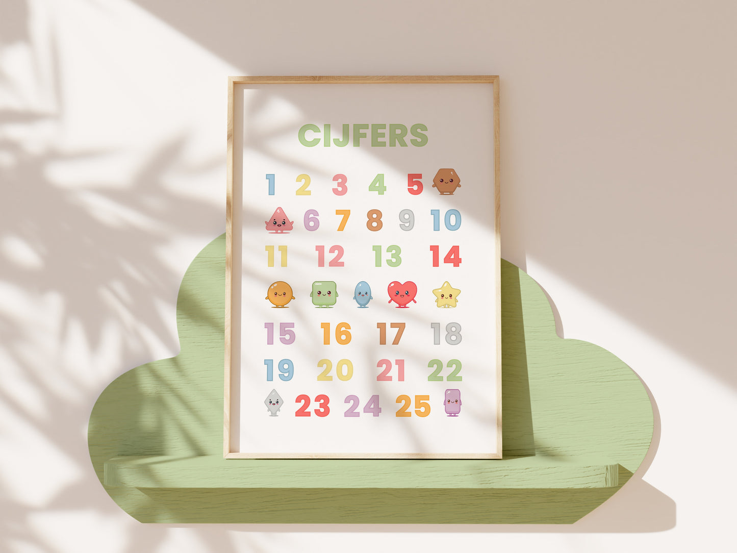 Premium Fine Art Kawaii Kinderposters – Leren met Kleuren, Vormen & Letters (6-delige Set Inclusief Lijst)