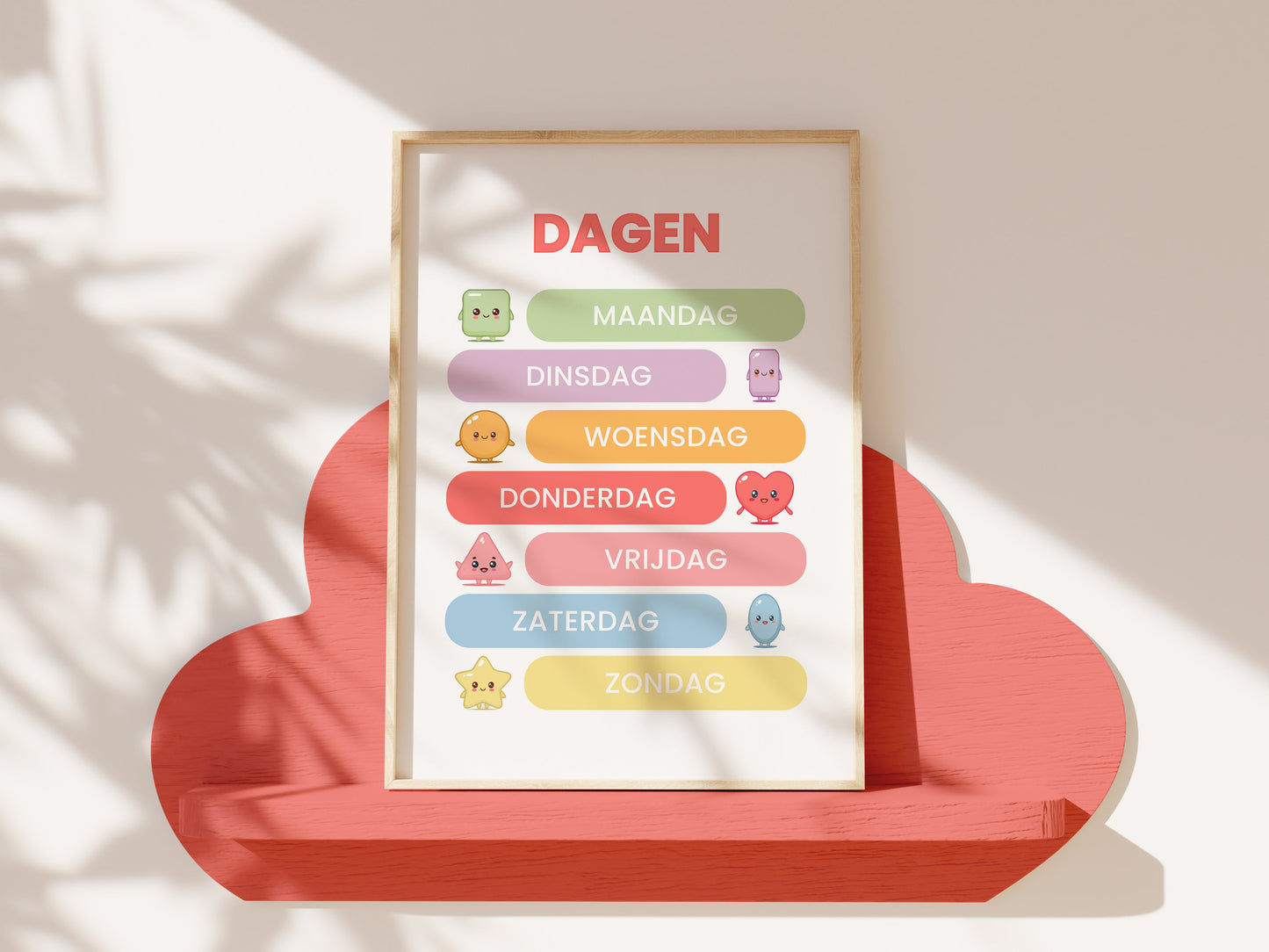 Premium Fine Art Kawaii Kinderposters – Leren met Kleuren, Vormen & Letters (6-delige Set Inclusief Lijst)