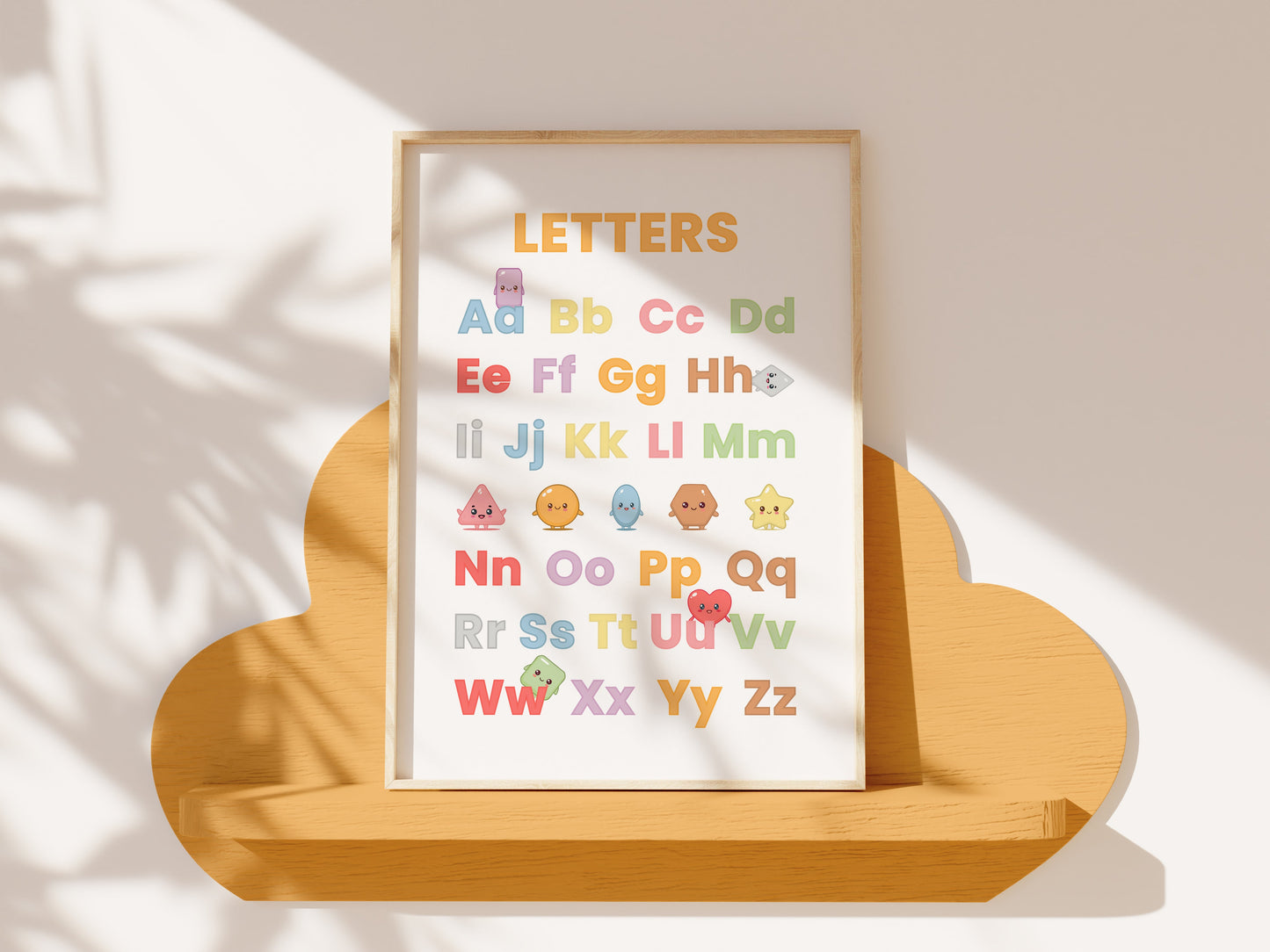 Premium Fine Art Kawaii Kinderposters – Leren met Kleuren, Vormen & Letters (6-delige Set Inclusief Lijst)