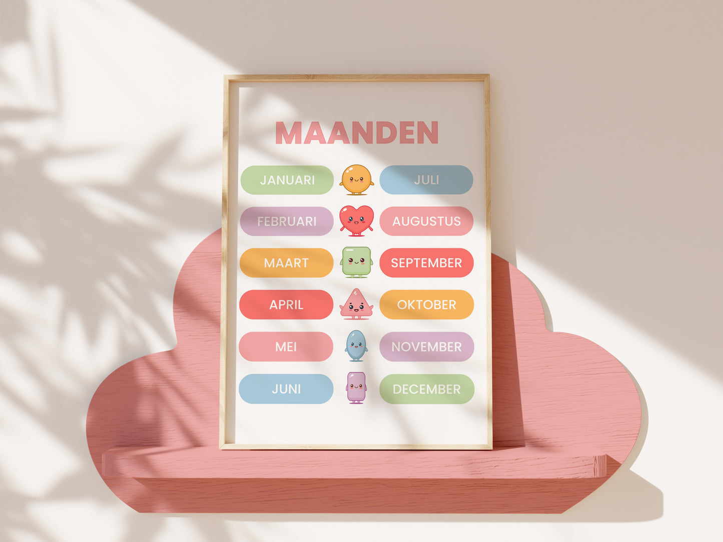 Premium Fine Art Kawaii Kinderposters – Leren met Kleuren, Vormen & Letters (6-delige Set Inclusief Lijst)