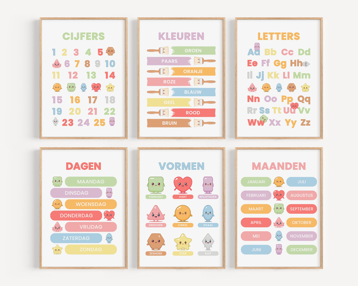 Premium Fine Art Kawaii Kinderposters – Leren met Kleuren, Vormen & Letters (6-delige Set Inclusief Lijst)