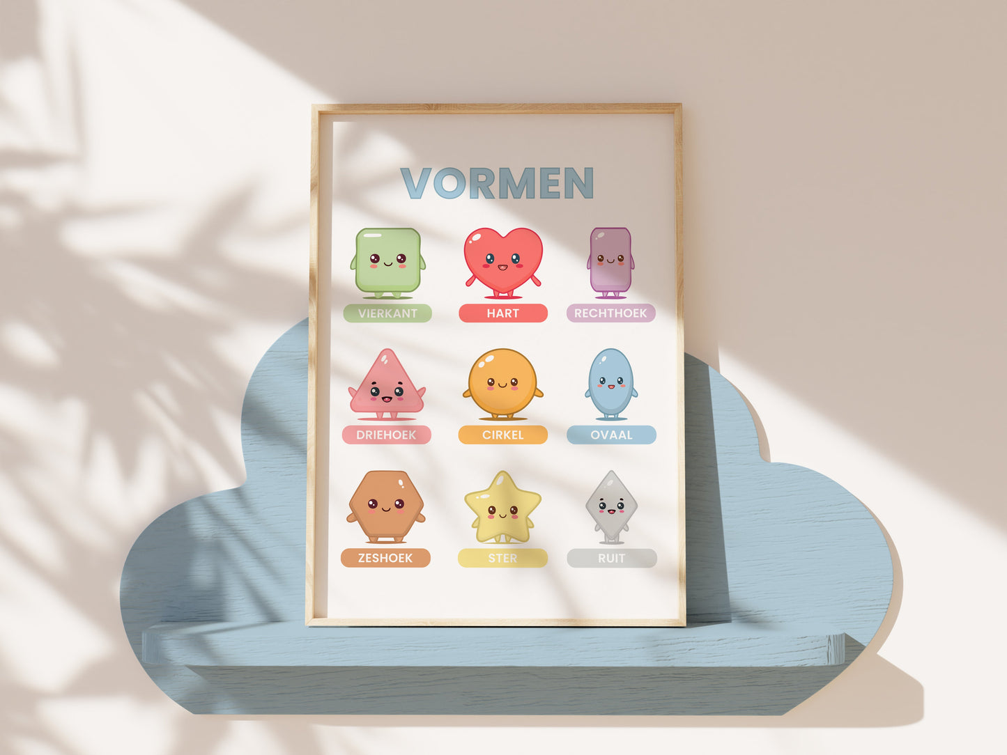 Premium Fine Art Kawaii Kinderposters – Leren met Kleuren, Vormen & Letters (6-delige Set Inclusief Lijst)