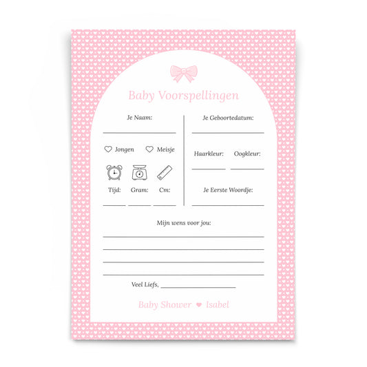 Gepersonaliseerde Babyshower invulkaarten - Baby Voorspellingen - Roze Hartjes